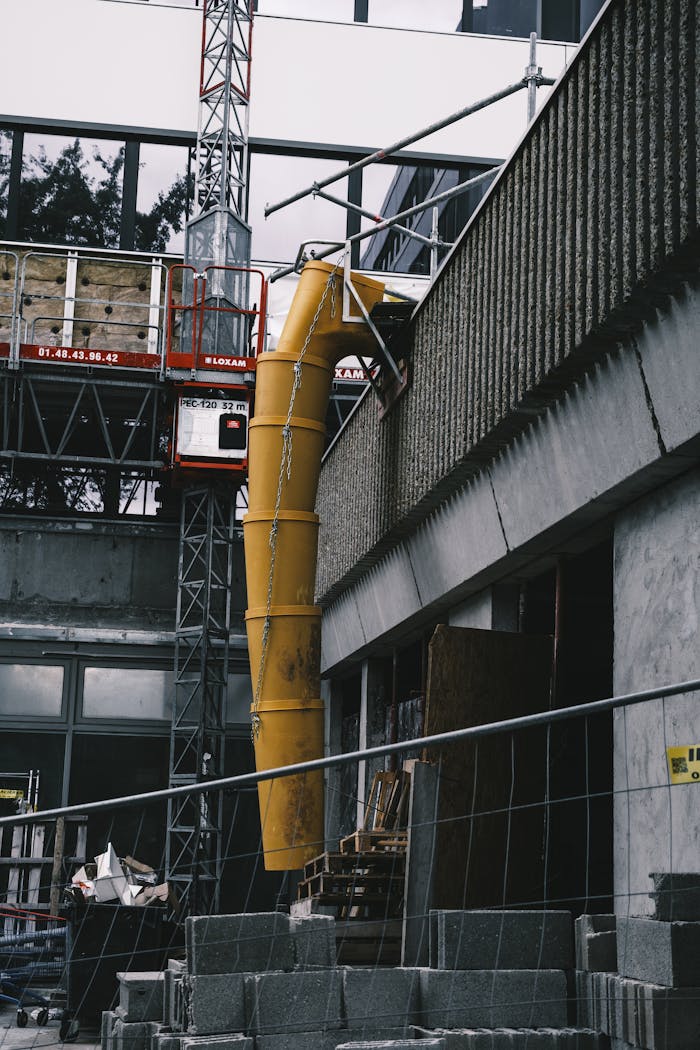 contact-img View of a construction site with scaffolding and concrete materials.